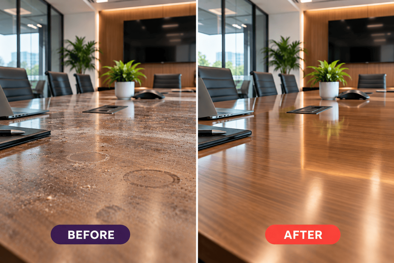 Boardroom Table Cleaning Before and After Perth