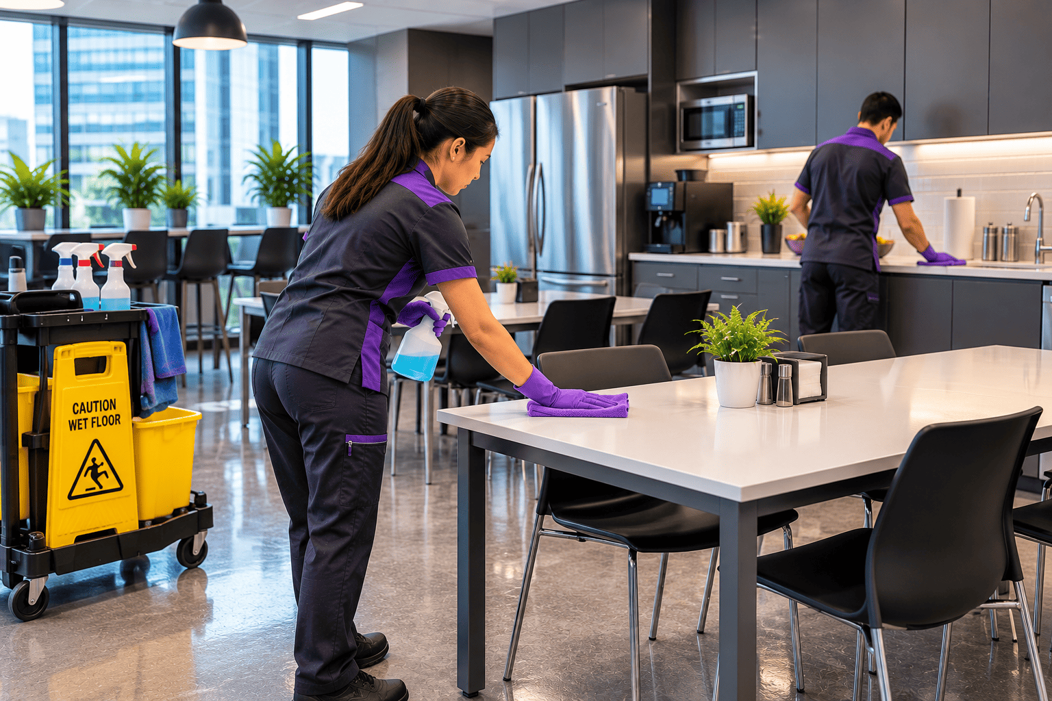 Professional Cleaners in a Modern Breakroom Perth